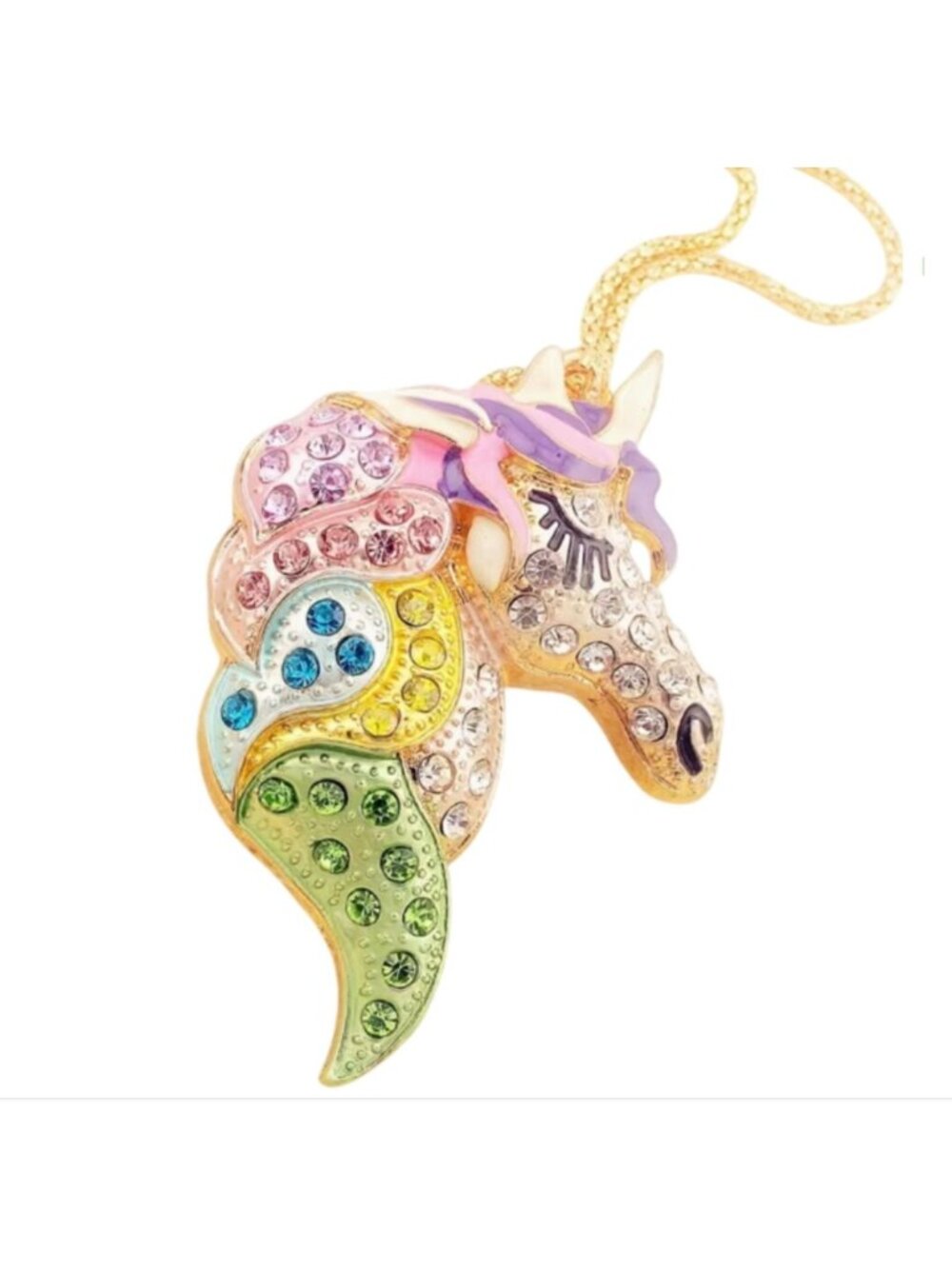 Rainbow Crystal Unicorn Pendant Necklace Gold Tone